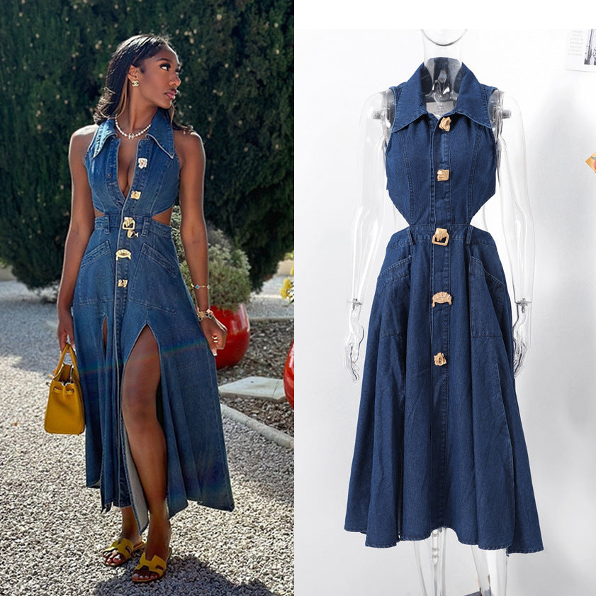 Retro lapel cut out waist exposed waist slimming look sleeveless single breasted a-line slit denim dress casual long skirt