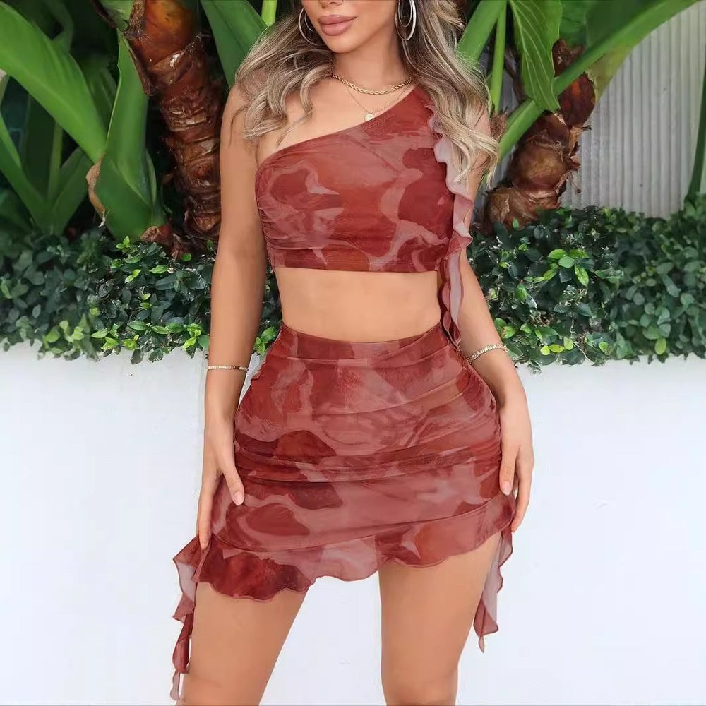 summer new arrival: printed one-shoulder ruffle hem mini skirt two-piece set - women's european & american sexy slim-fit fashion outfit