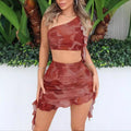 summer new arrival: printed one-shoulder ruffle hem mini skirt two-piece set - women's european & american sexy slim-fit fashion outfit