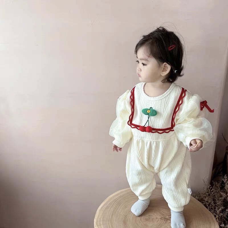 Baby rompers autumn winter female baby fleece-lined haki rompers newborn jacquard cherry heattech rompers haki