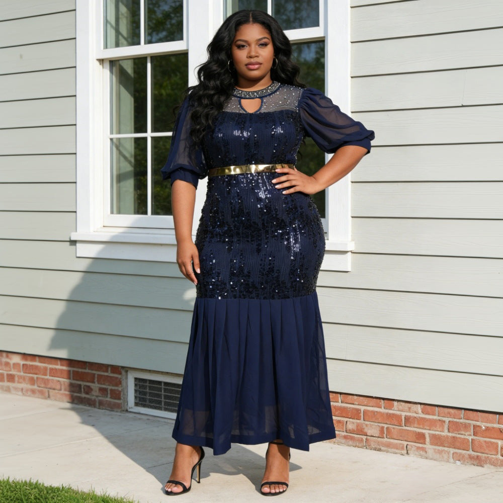 African cross-border supply  new women's plus size round neck rhinestone sequin evening party dress