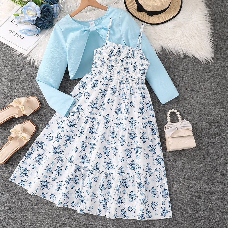 mid-to-large children's outfit: spring new arrivals - sweet floral print sundress with shawl set for girls (export quality)