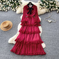 French sweet polka dot long sleeve tiered dress - women's autumn bow ruffle cake dress - unique designer style