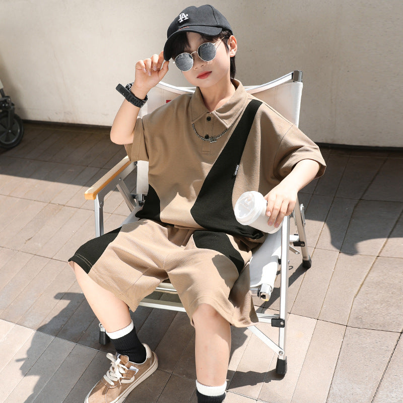 Boys' summer color block polo shirt set - new  collection - trendy two-piece outfit for mid-to-large children, featuring shorts