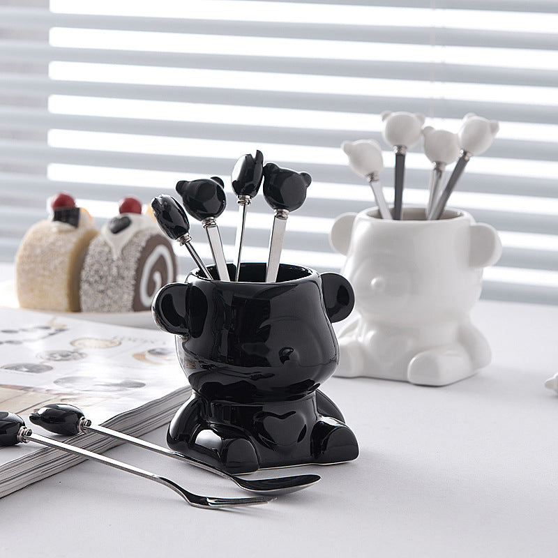 Luxury nordic bear fork set - stainless steel fruit forks with aesthetic ceramic bear storage jar