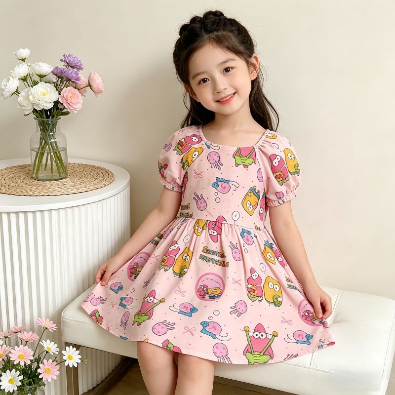 【matching family outfit】girls' cartoon spongebob dress - summer bubble sleeve floral dress - cute baby & toddler clothing