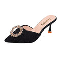 Women's summer outdoor slippers, 2023 new french style rhinestone high heel mules, stiletto heel closed-toe sandals, black