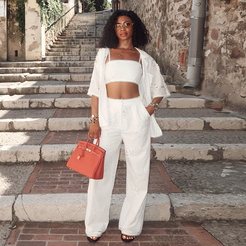 European and american women's clothing  autumn new collection: sweet and fresh turn-down collar hollow-out short sleeve shirt & high-waisted straight-leg pants two-piece set