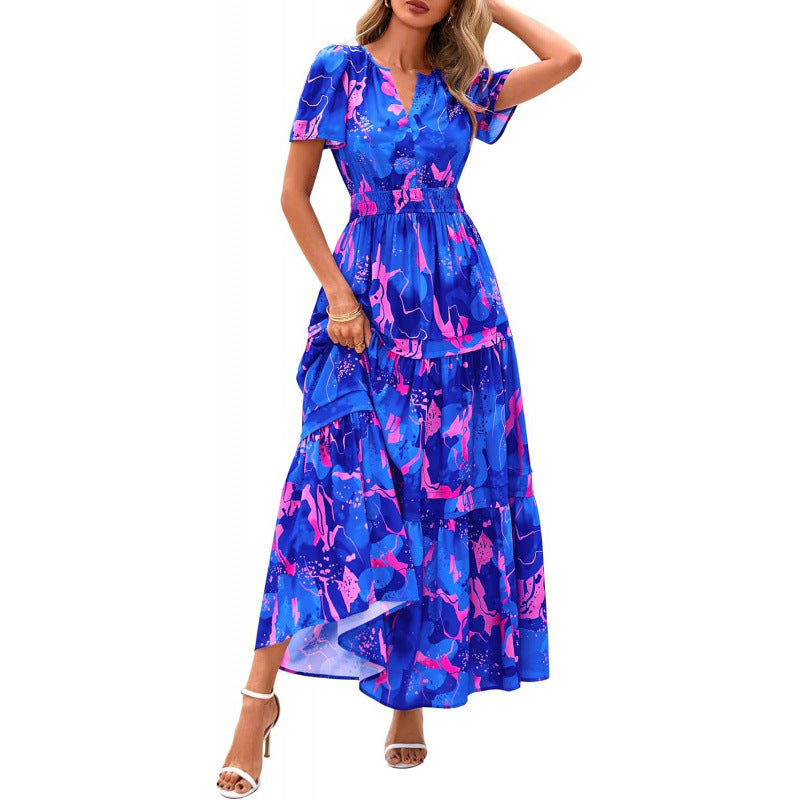 european and american retro floral short-sleeve v-neck dress - women's  summer new arrival a-line flowy vacation dress