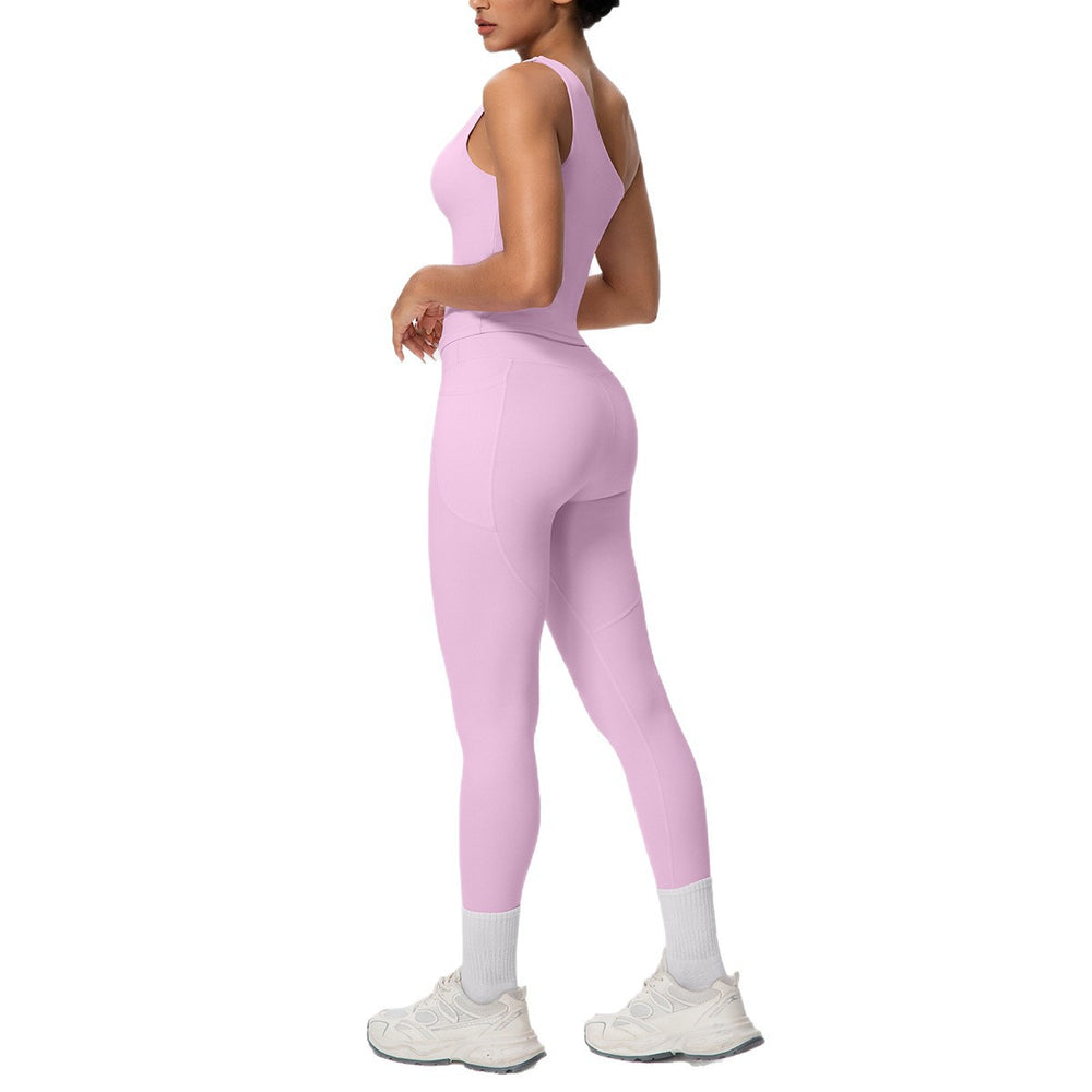 Sexy one-shoulder activewear set: high-waisted, figure-hugging leggings with pockets - perfect for outdoor leisure, running, fitness, and yoga