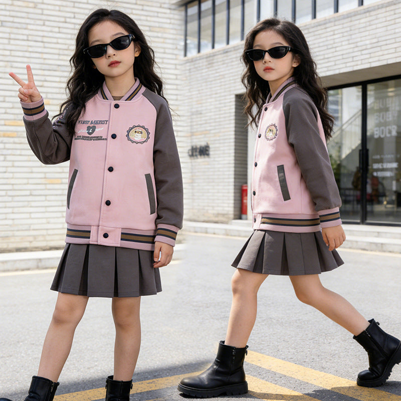 Girls' spring outfit : spring/autumn baseball jacket for girls, middle-to-large children's outerwear, preppy style, new trendy children's fashion, popular online