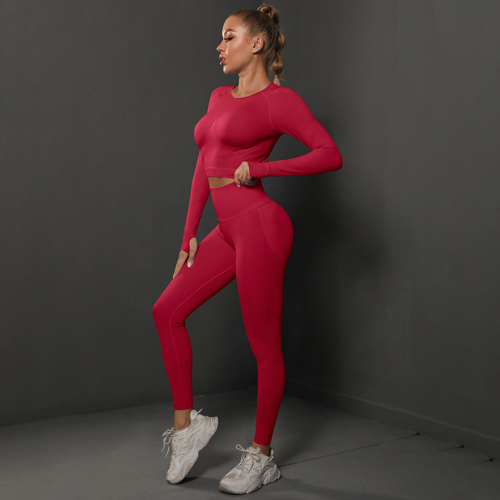 New solid color knitted peach lift tight yoga leggings set - seamless fitness activewear for women, perfect for running and yoga
