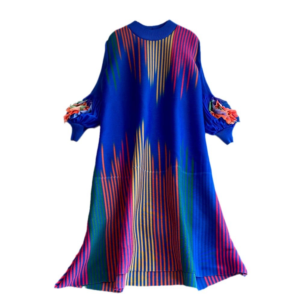 Miura pleated colorfuldress female round neck lantern sleeve looseelegance vertical stripes belly-covering slimming look over-the-knee skirt