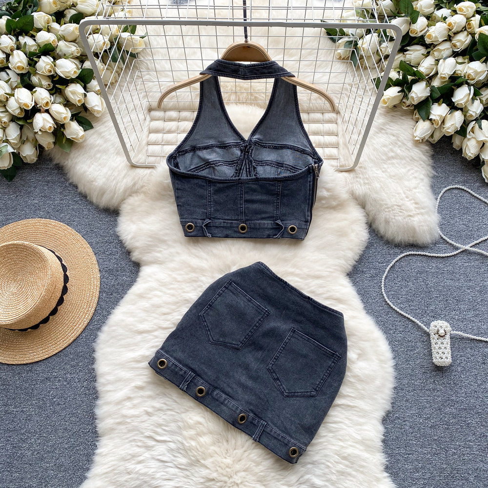 Dopamine cool spicy denim suit women's summer retrosense of design halter camisole + high waist hip cover skirt