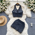 Dopamine cool spicy denim suit women's summer retrosense of design halter camisole + high waist hip cover skirt