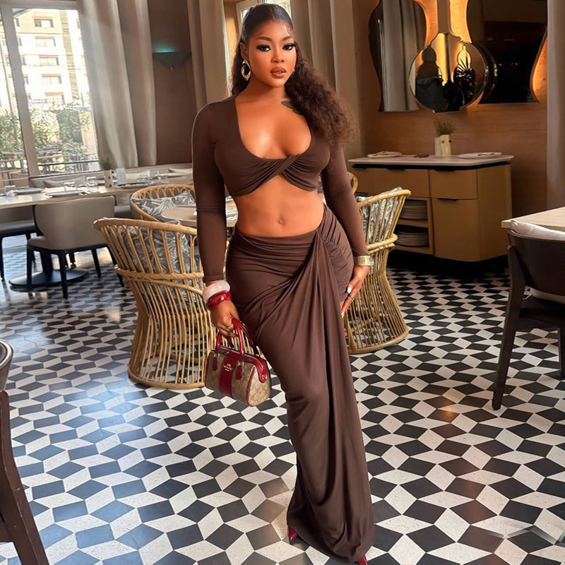 Fashion style insexportpure colorcasual women's hip-covering vacation skirt suitu-neck long sleeves chest-wrapped slit two-piece set