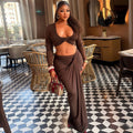 Fashion style insexportpure colorcasual women's hip-covering vacation skirt suitu-neck long sleeves chest-wrapped slit two-piece set