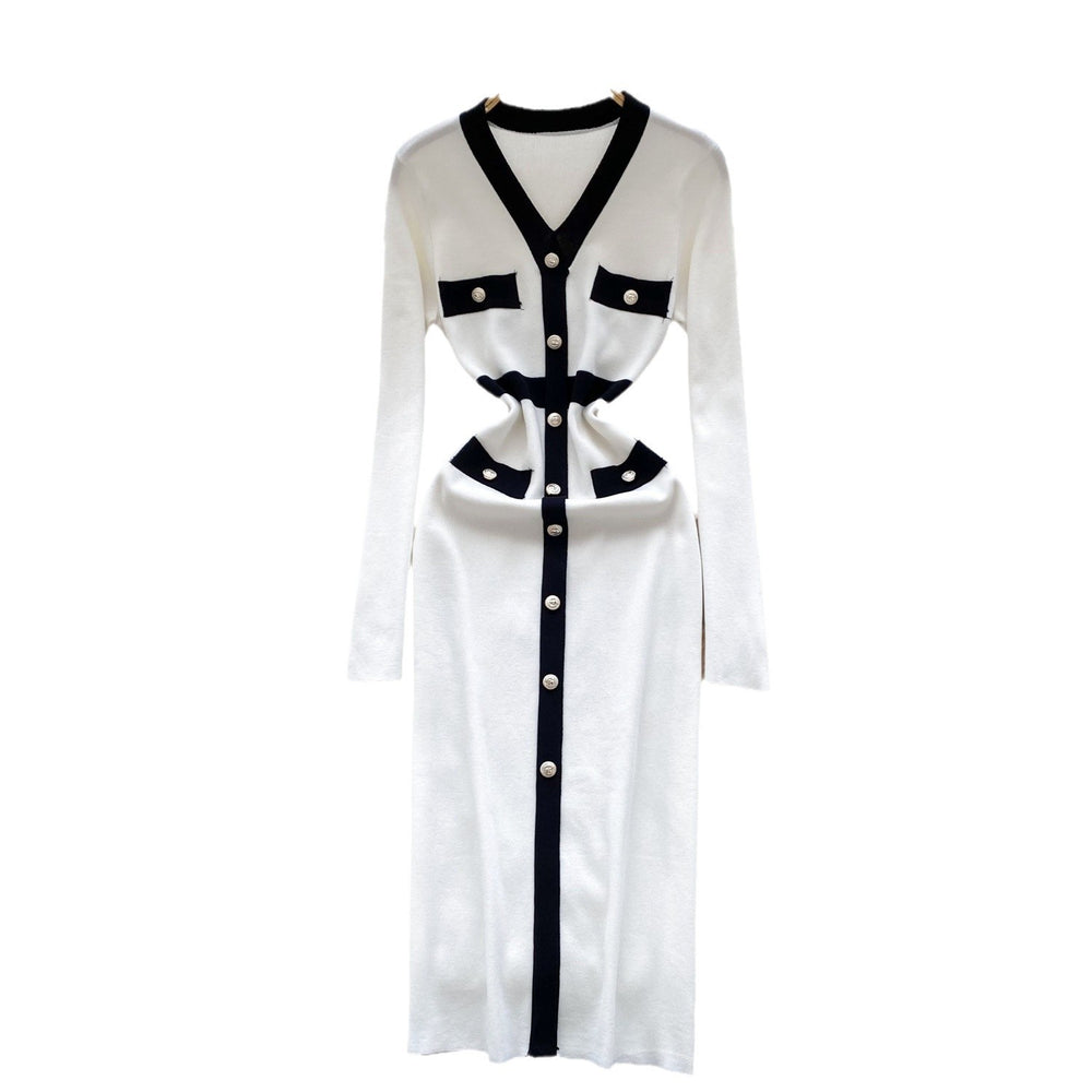 autumn new arrival: women's knitted dress - chanel-inspired retro color block v-neck knit dress with metal buckle waist detail and slim fit
