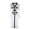 autumn new arrival: women's knitted dress - chanel-inspired retro color block v-neck knit dress with metal buckle waist detail and slim fit