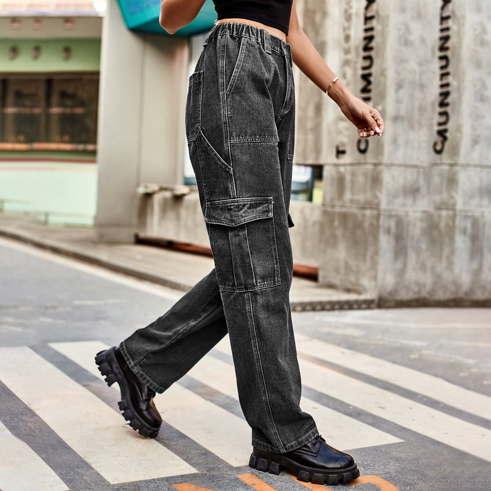 American retro european and american cross-border  new washed semi-elastic design stylish denim workwear casual pants for women