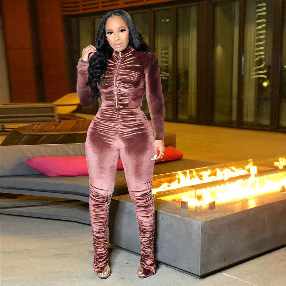 S390070  Independent Station Hot Sale Folded Two-piece Set, Women's Autumn and Winter Fashion Casual Suit