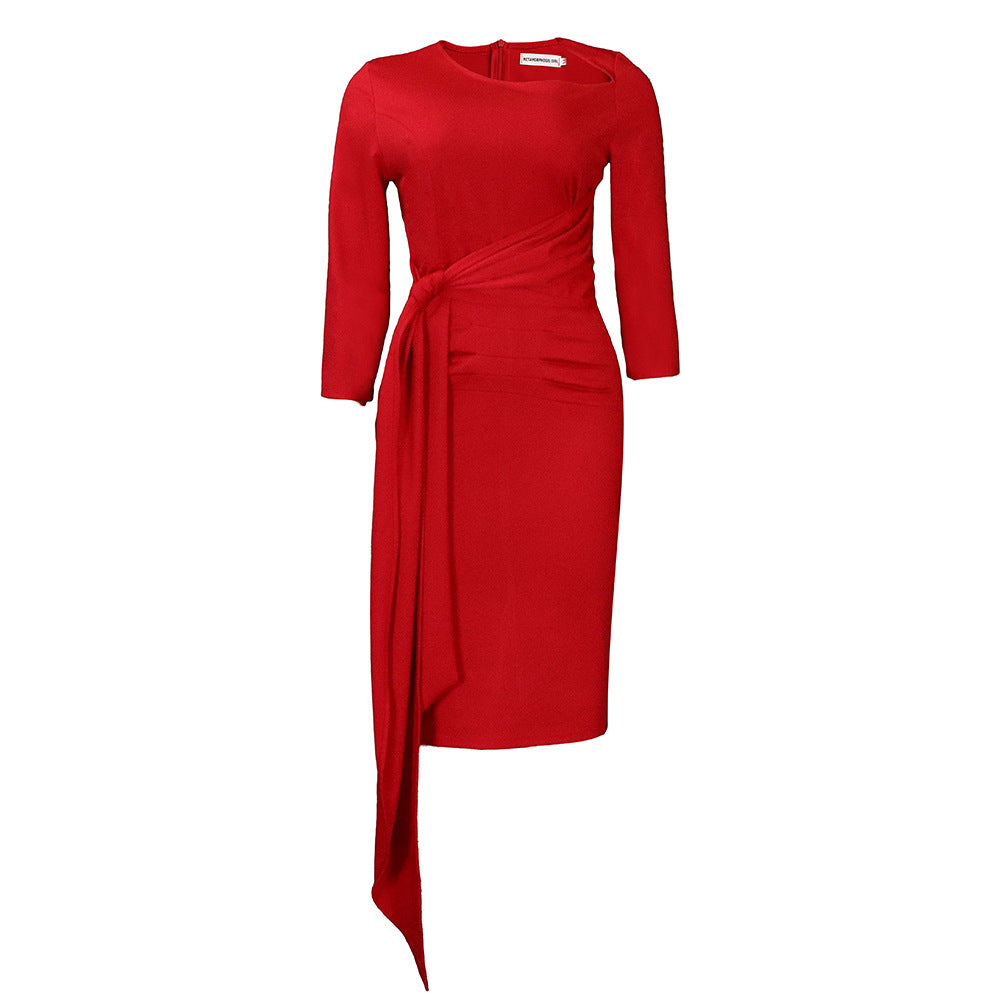 D3168  women's clothing  fall/winter new arrival solid color ol style elegant commute pleated tie-up dress - european and american style