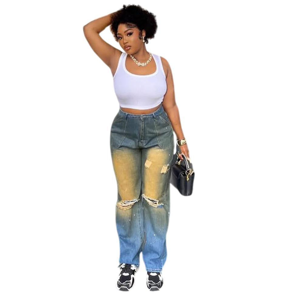 European and american style straight-legjeans  cross-border women's street ripped washed dyed distressed jeans