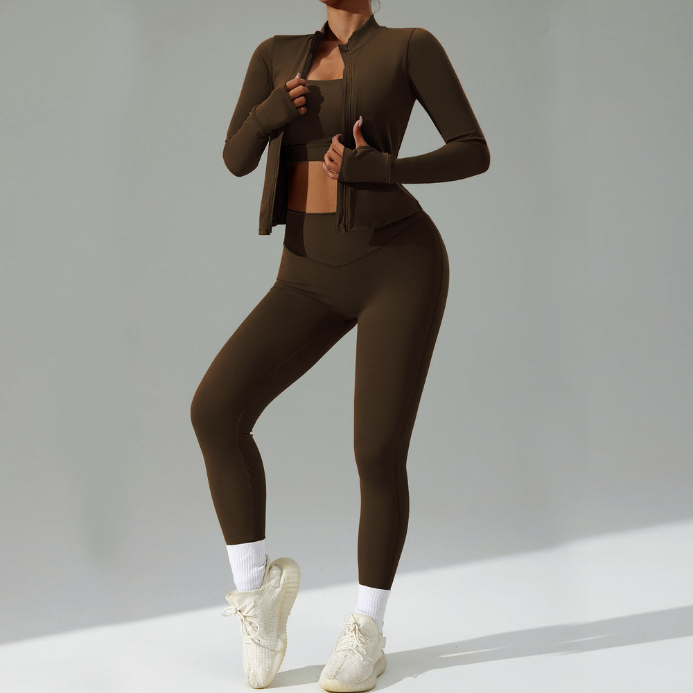 new women's tight-fitting yoga set - cardigan running sportswear set, quick-dry fitness outfit, three-piece set