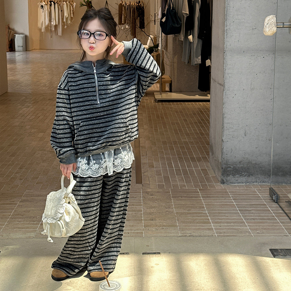 Girls' outfit set:  spring/autumn new korean style striped hoodie and wide-leg pants two-piece casual trendy set for mid-to-large children
