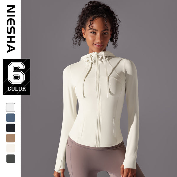 Outdoor sunscreen clothes tight sports running fitness tops yoga clothes UV protection breathable hooded zipper jacket