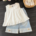 Summer girls' new embroidered cherry sleeveless blouse, stylish and trendy baby girl's clothes, kids' tops, children's fashion apparel