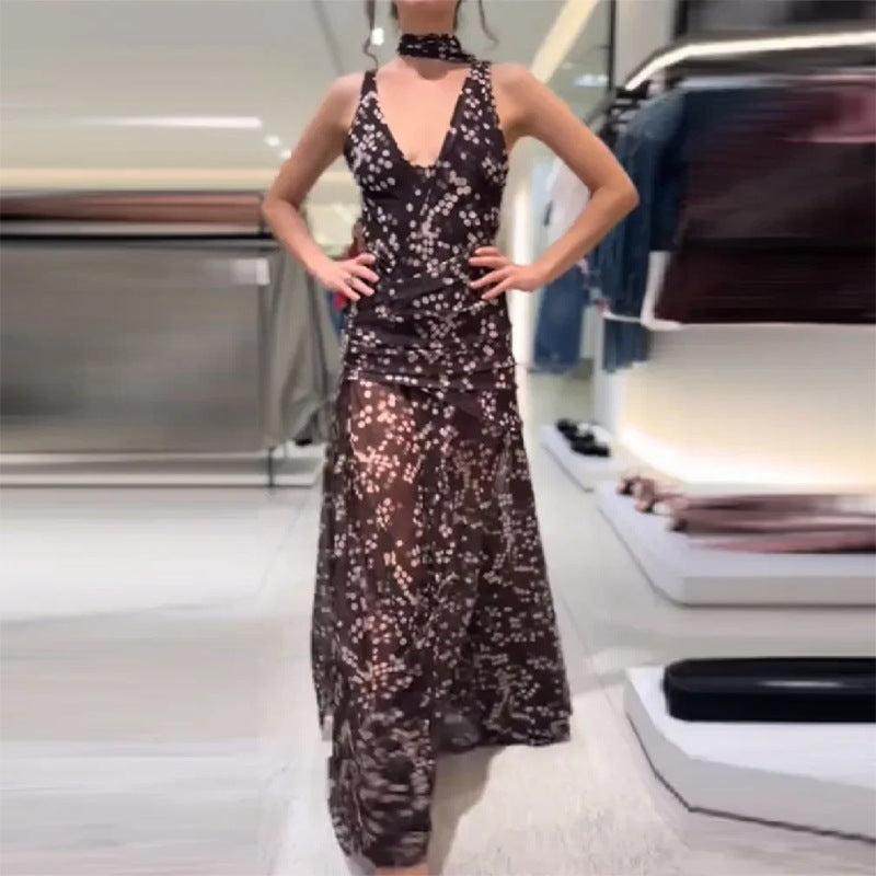 european and american export women's clothing: high-end, exquisite dress - vacation-style printed v-neck backless maxi a-line dress
