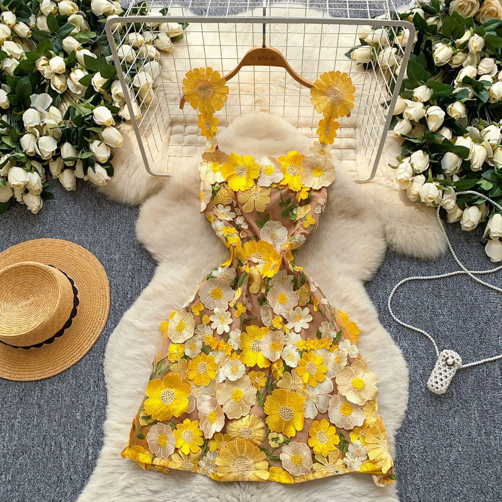 Exportniche stylefrenchsense of designstereo flower mesh embroider waist silm suspender a-line dress short skirt