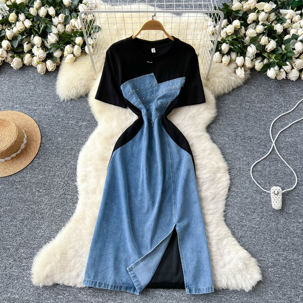 Korean style fashionable elegant asymmetrical short sleeve patchwork rhinestone waist denim dress women's summer slit maxi dress