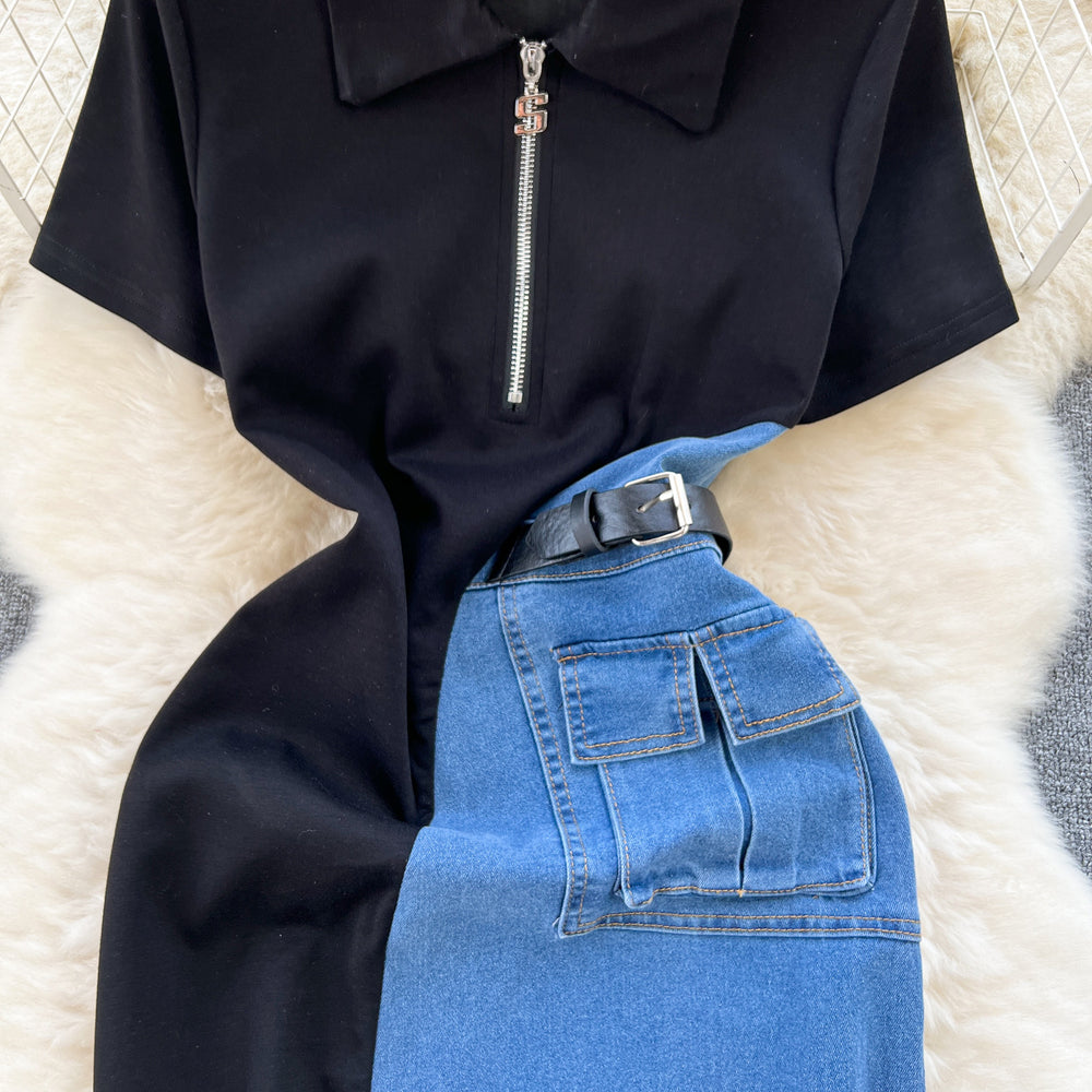 Chic hong kong style retro denim dress - women's designer color block slim fit midi dress with short sleeves - elegant and stylish