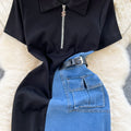 Chic hong kong style retro denim dress - women's designer color block slim fit midi dress with short sleeves - elegant and stylish
