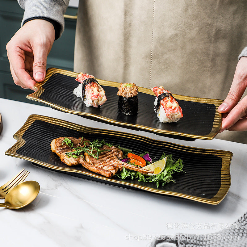 Japanese-style black gold-plated ceramic steak plate - solid color retro dinnerware for home use - pasta plate, sushi plate, vegetable plate