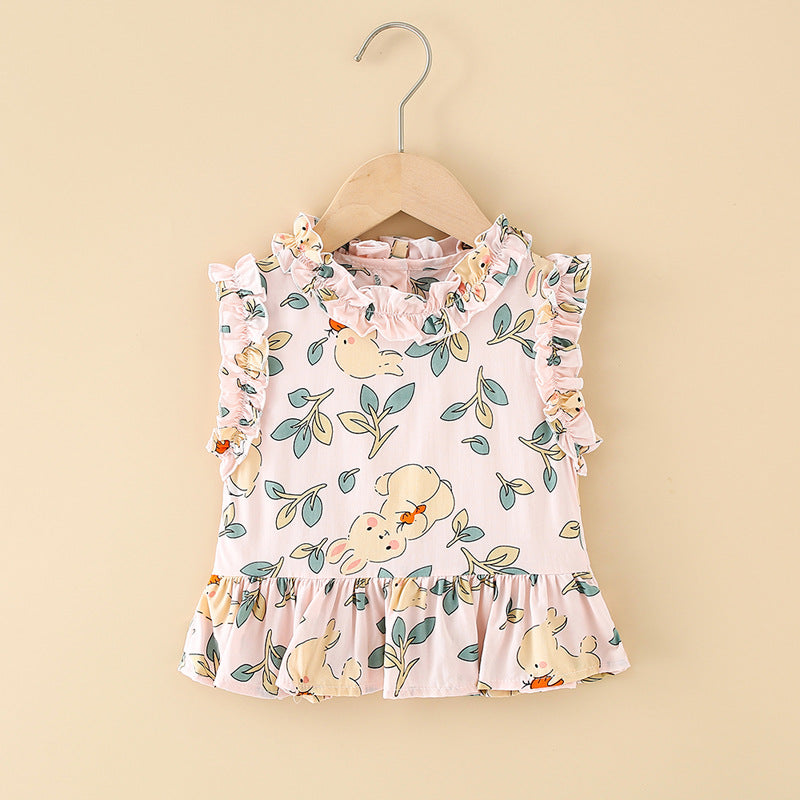 Girls' cotton rayon top - cartoon print, loose-fit, breathable, cute summer lightweight pajama set with lace trim