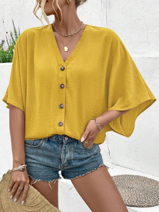 european and american cross-border  new autumn elegant v-neck loose short-sleeve printed solid color women's blouse