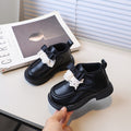 Vancahao girls' double-layer cotton black leather shoes,  winter new collection, kids' fashion lace-trimmed princess shoes