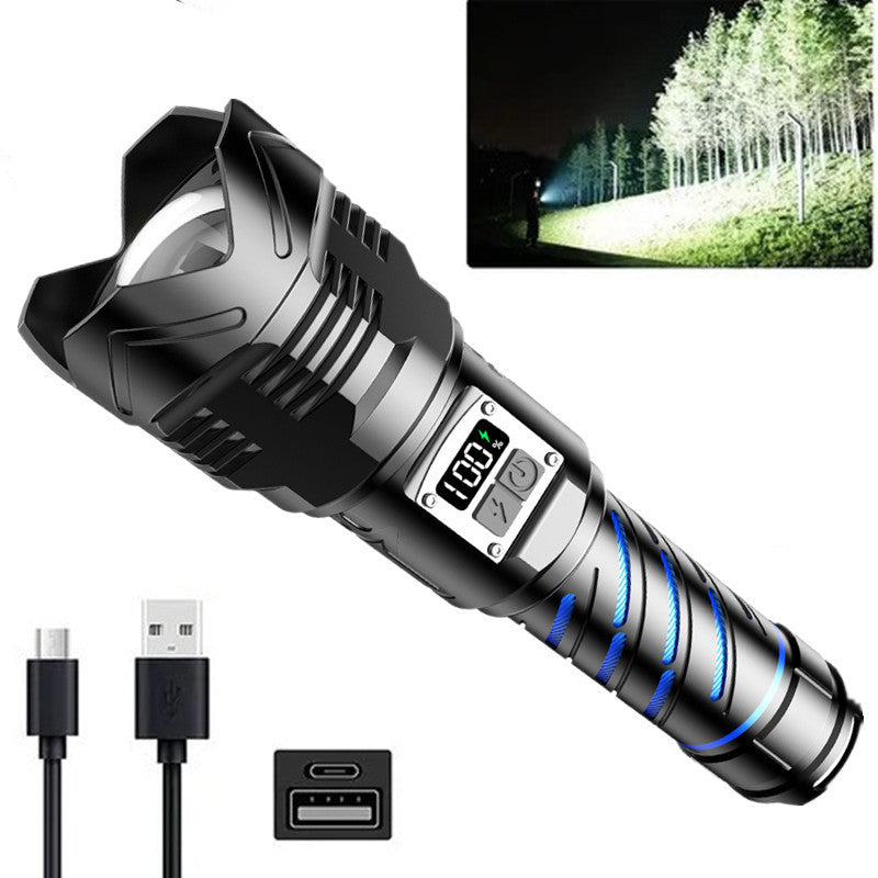 Cross-border new super bright strong light flashlight charging outdoor long-distance shooting household rechargeable aluminum alloy zoom digital flashlight