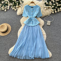 Xiaoxiangfeng pink a-line heavy industry pleateddress women's summer short-sleeved high waist waist pleated long skirtaccessible luxuryelegant