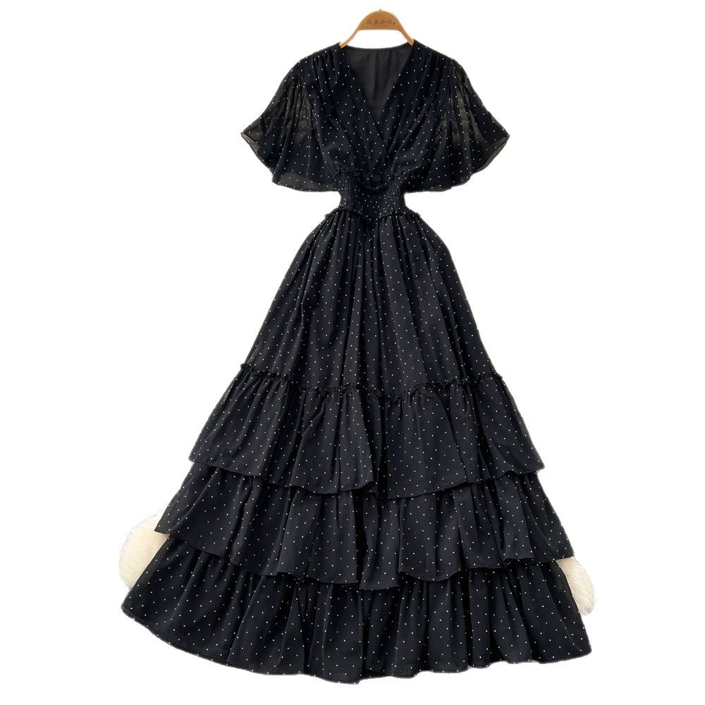 Frenchv neck red polka dot elegantdress women's summer waist slimming look a-line cake skirt dopamine style