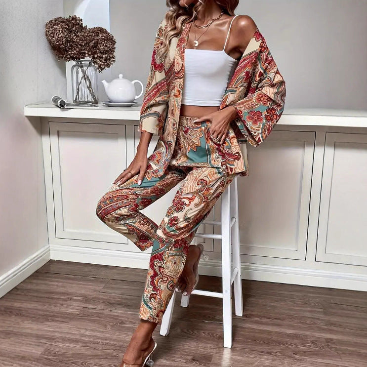 European and American   printed cardigan set women's long sleeves