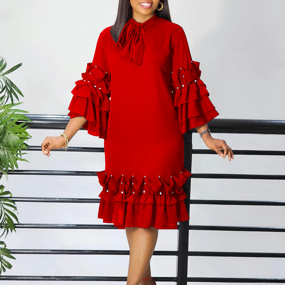 D3268 european and american style new fashion elegant tie-up multi-layer ruffle flare sleeve loose-fit export dress