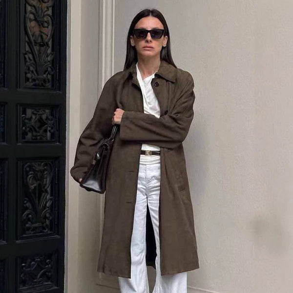 Autumn and winter retro brown suede coat women's long high-end loose lapel fleece jacket European and American commuter women's clothing