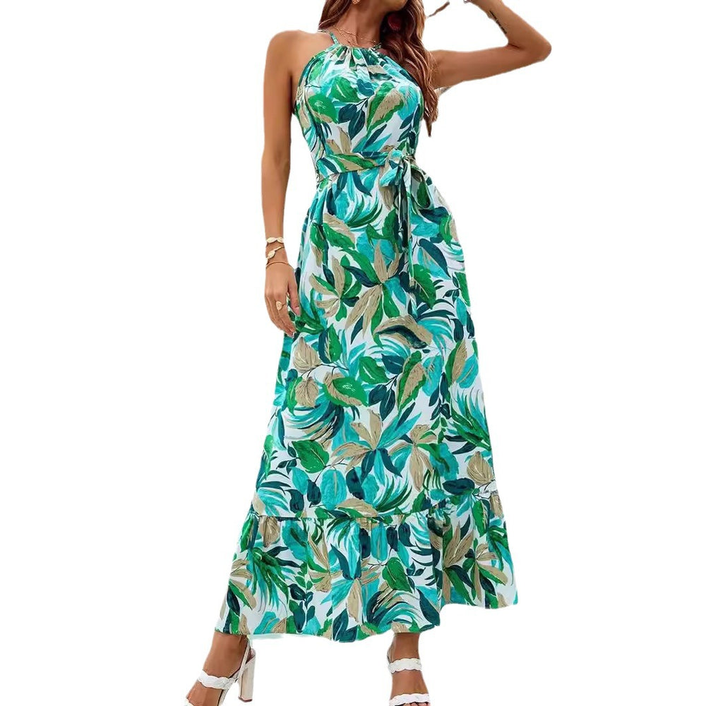 european and american  new arrival: women's beach dress - printed halter neck, tie-waist, long sleeveless dress