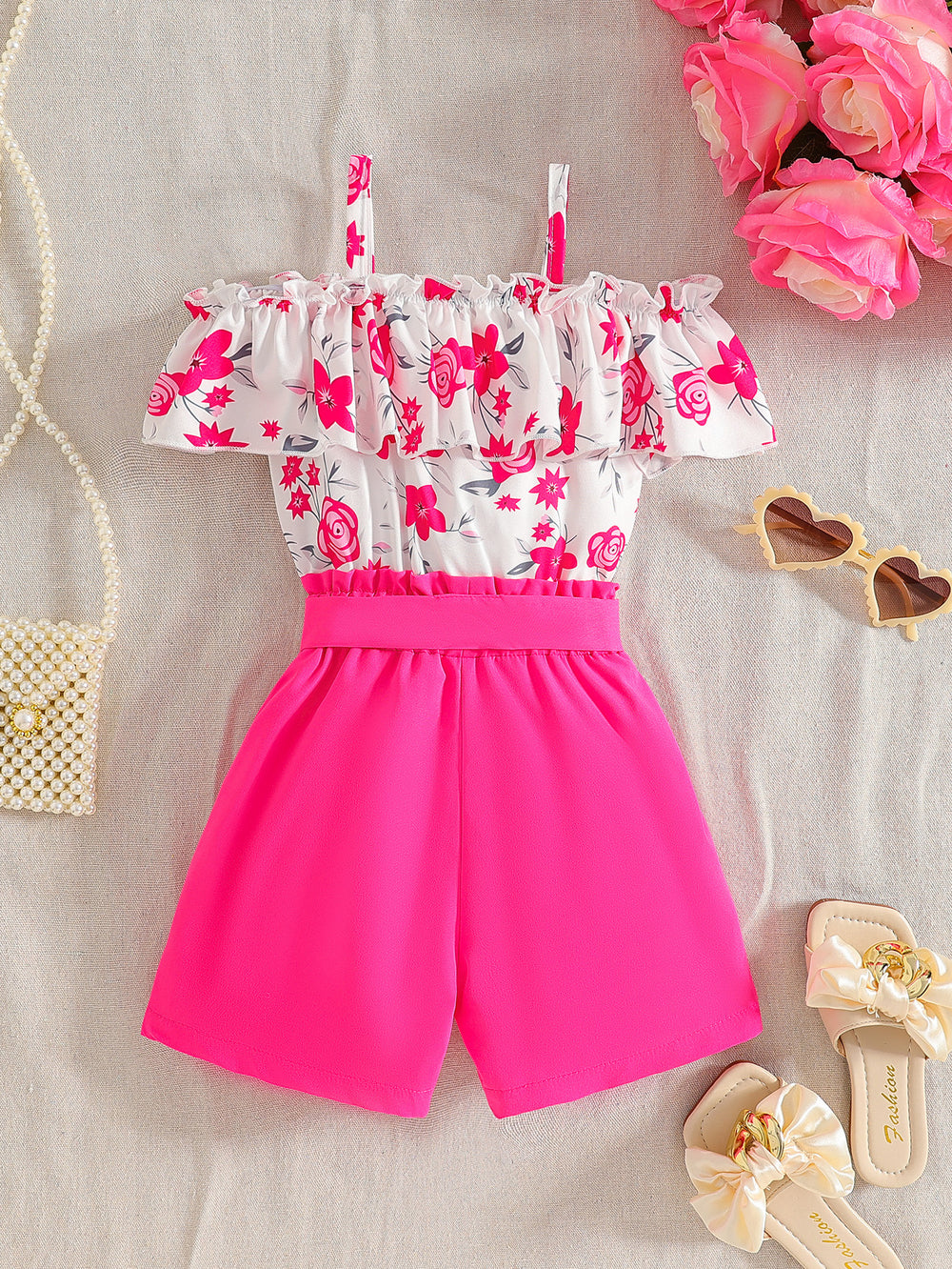 Girls' summer outfit: off-the-shoulder cami top with floral print and peach pink shorts with belt - two-piece set for export