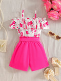 Girls' summer outfit: off-the-shoulder cami top with floral print and peach pink shorts with belt - two-piece set for export