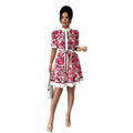 cross-border printed short-sleeve dress - women's tie-waist, single-breasted, mid-length shirt dress